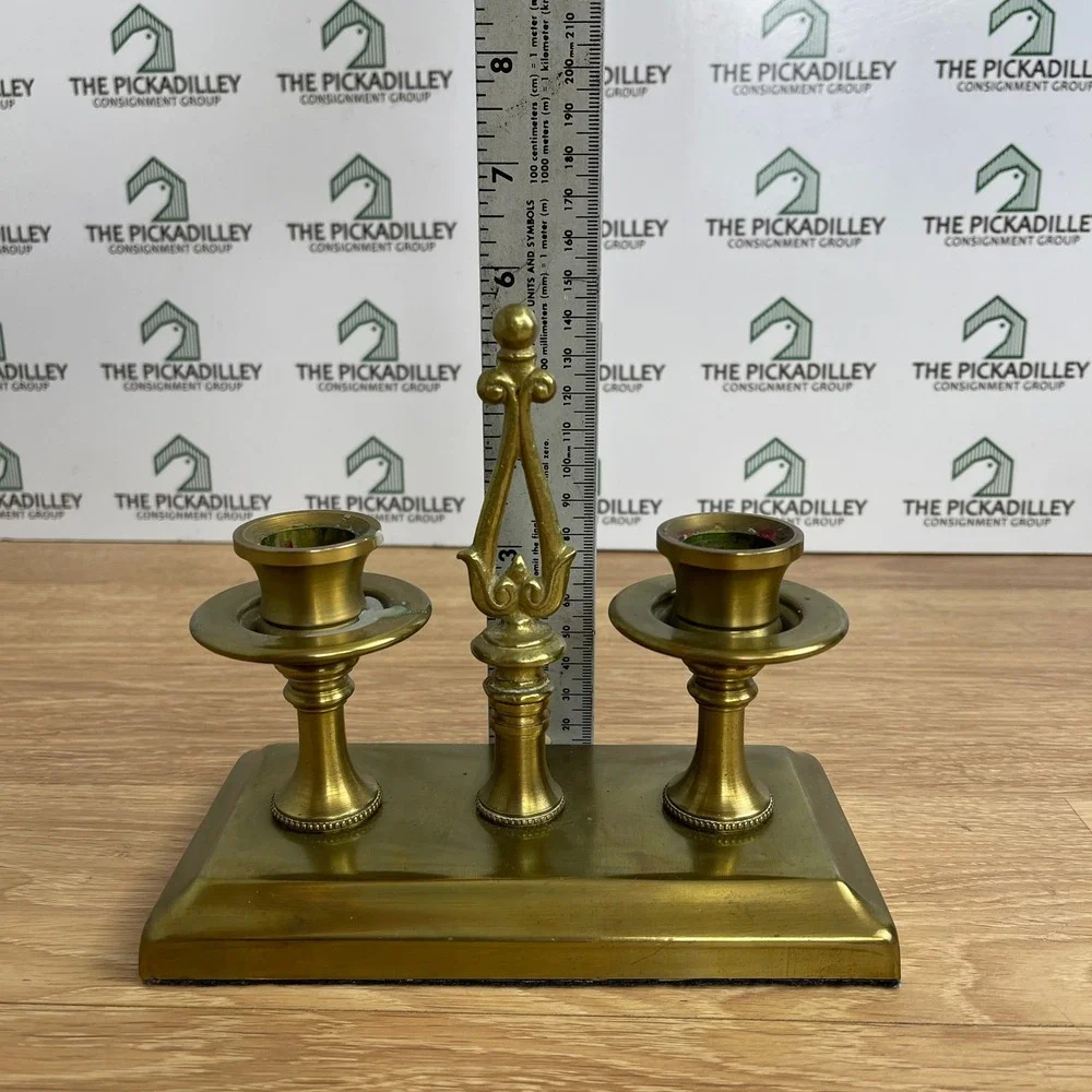 Vintage Solid Brass Double Taper Candle Holder Ornate Handle Rectangular Base
